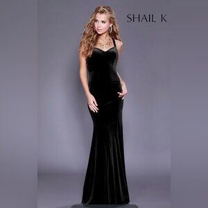Shail K Black Velvet Halter Prom Dress